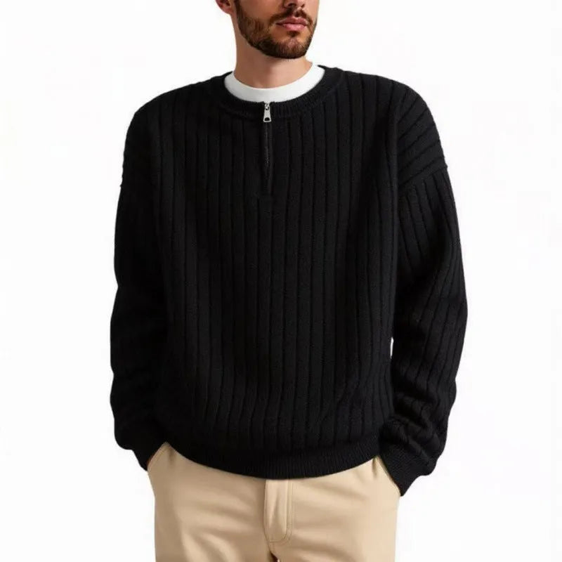 A grey men's loose-fit half-zip sweater with a textured knit and long sleeves.