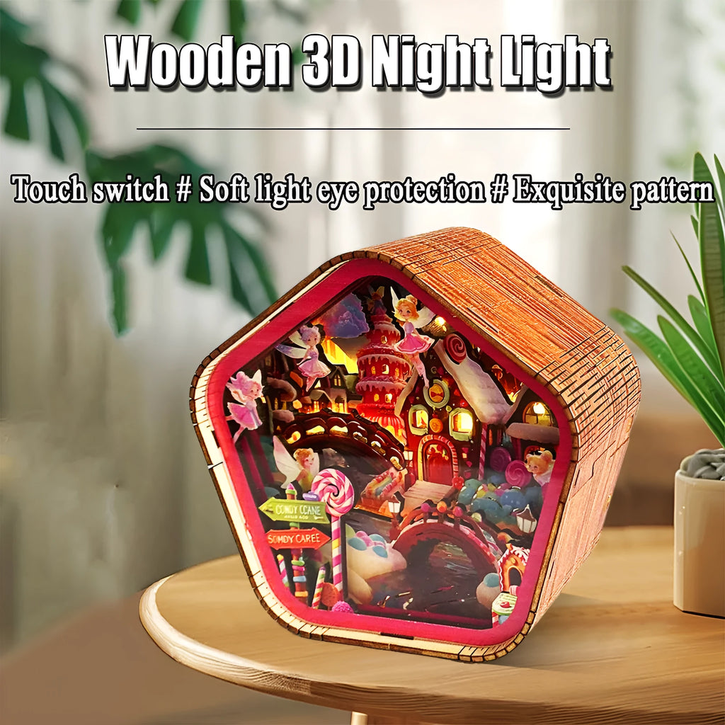 3D wooden carved night light bedside ornament in American style with soft glow