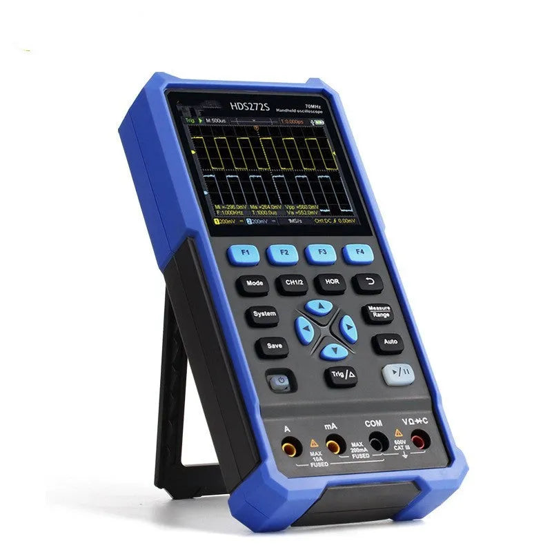 Owon HDS272 handheld digital oscilloscope with probes and accessories on workbench