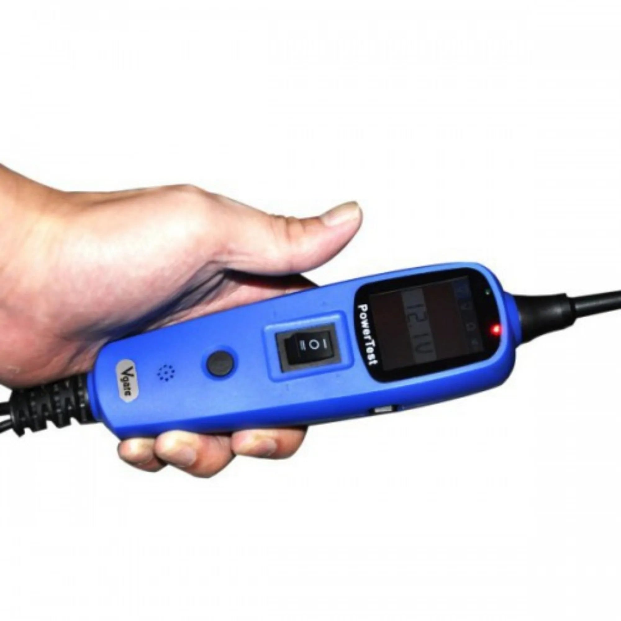 Blue PowerTest PT150 automotive circuit test pen with TFT screen, probe tip, cable, clips, and rugged case.
