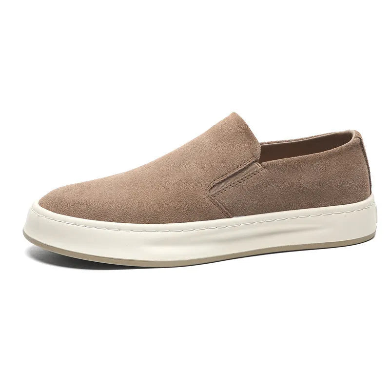 Men's grey and apricot casual shoes with round toe design and height increasing insoles