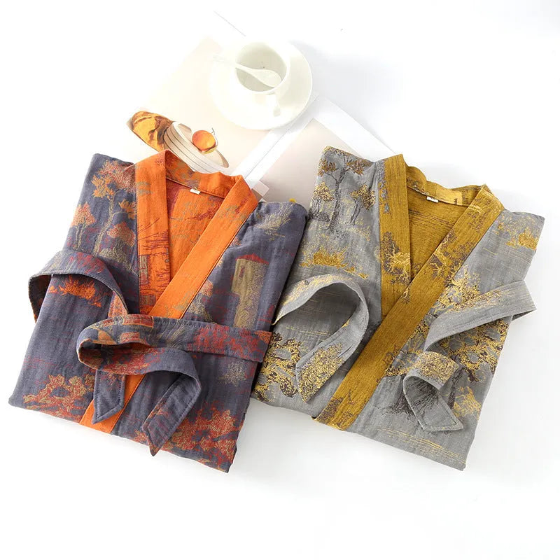 Pure cotton jacquard Chinese style belt nightgown in gray green with belt detail