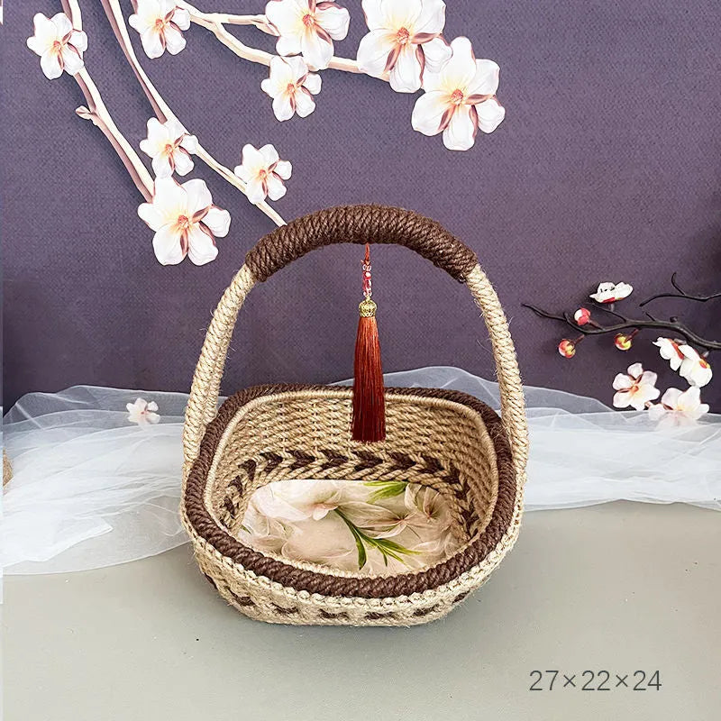 Hand-woven hemp rope basket with straw base in rustic coffee brown colour