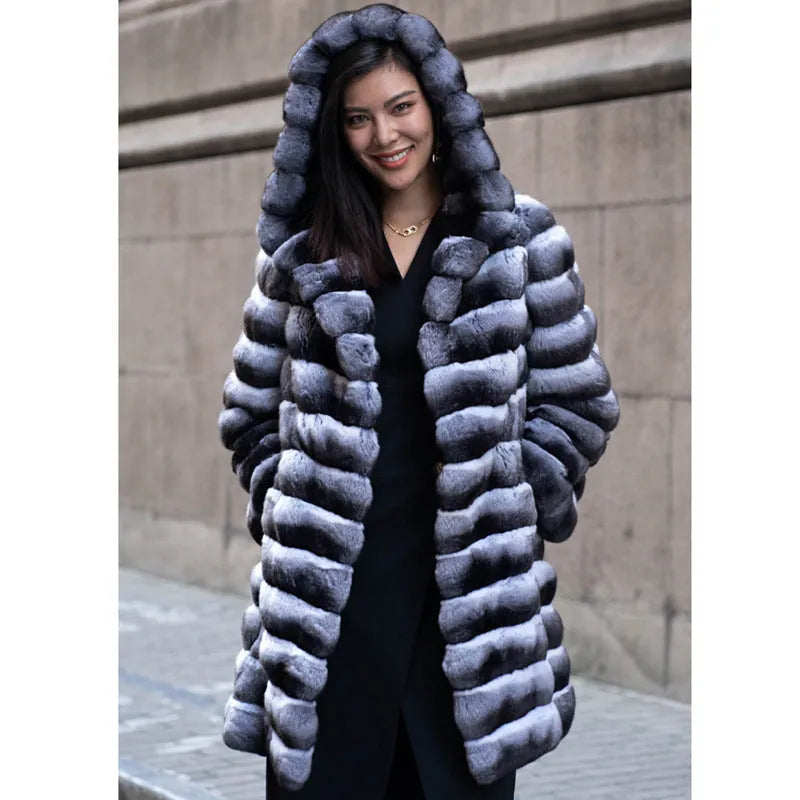 Women's zebra stripe faux fur overcoat with a 65cm medium length on a hanger