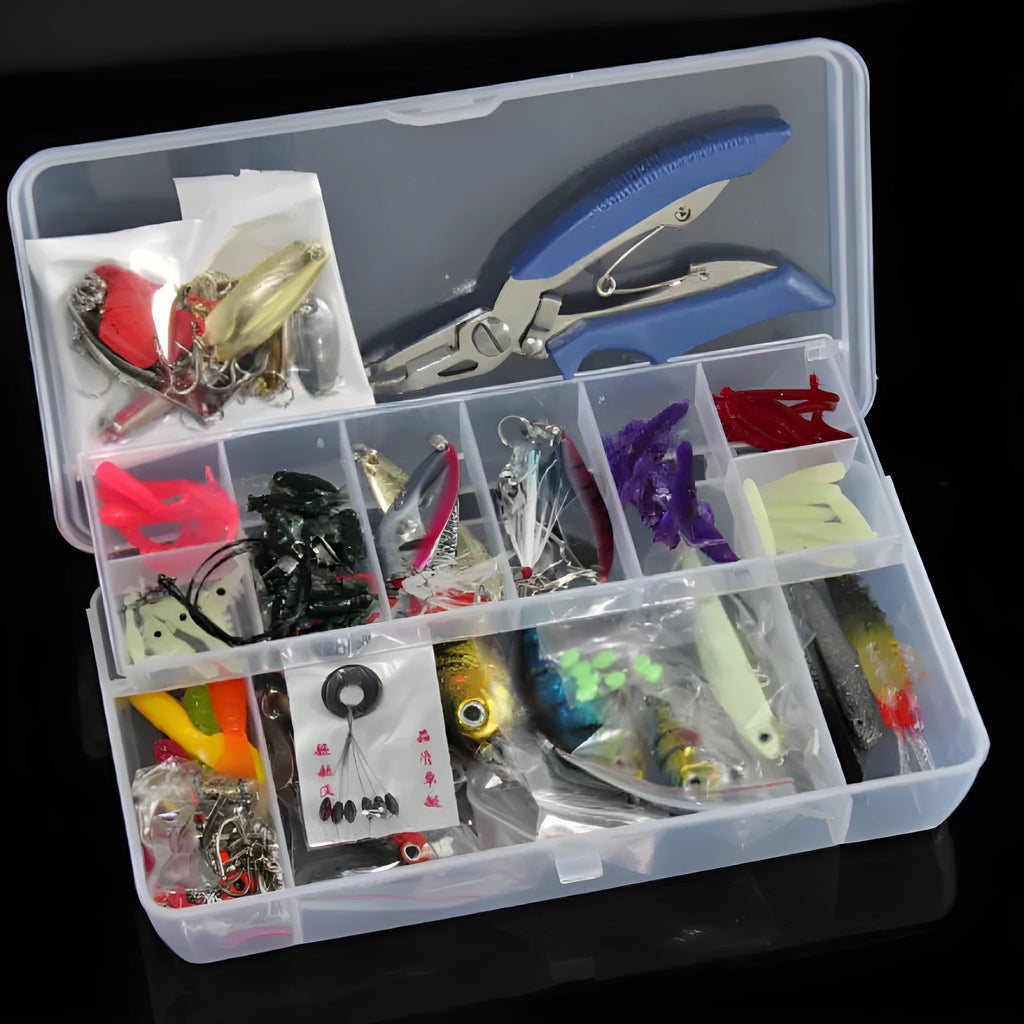 132-piece Rose Red Treasure fishing lure suit set in an open plastic organiser case.