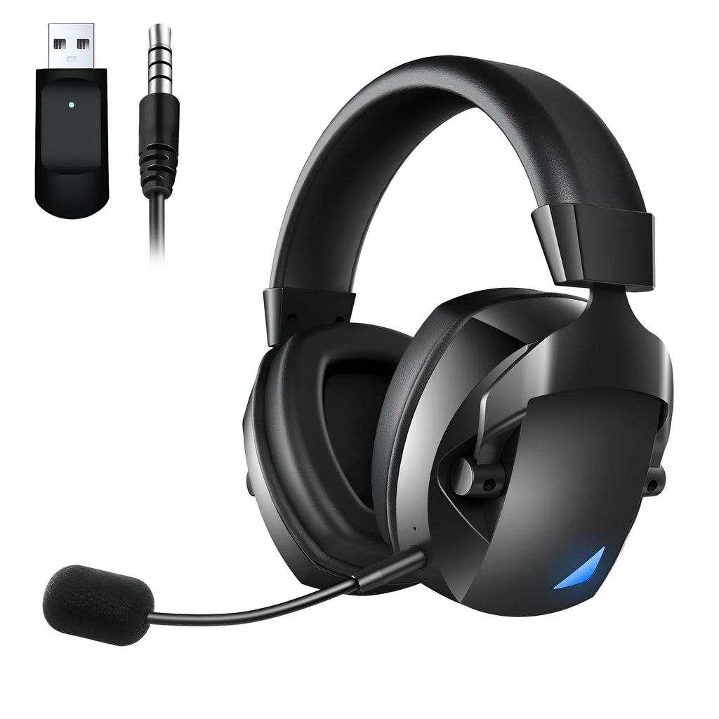 Black over-ear Bluetooth headphones with 2.4G dual-mode for gaming, IPX4 rating, ABS plastic and protein leather construction