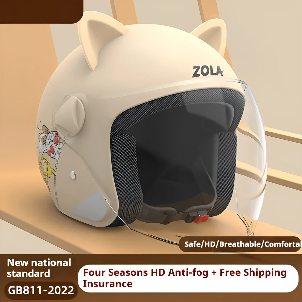 Winter electric bike helmet with attached scarf and ear covers, HD anti-fog visor, in blue colour.