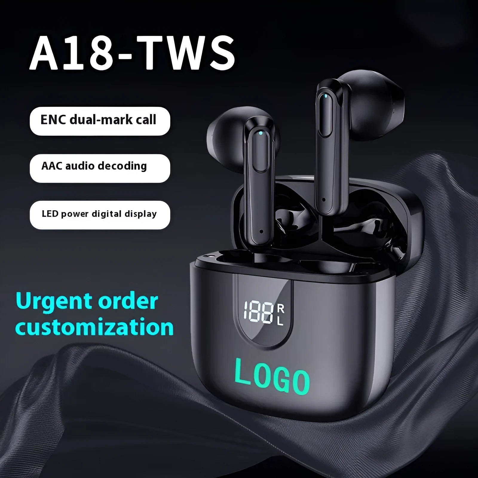 A18 wireless Bluetooth headset in-ear with digital display, PC ABS material, black colour