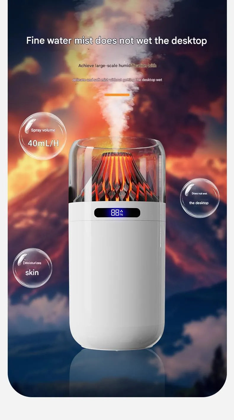 Volcano compact battery-powered USB humidifier in black with digital display on a desk