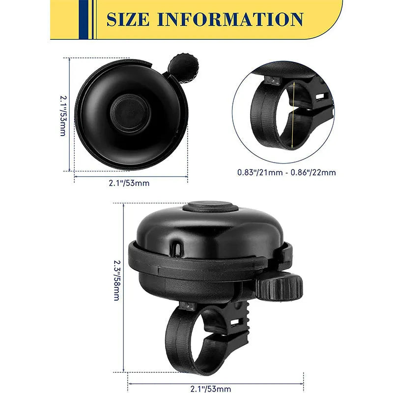 Black ABS plastic bicycle bell with 58mm diameter on a mountain bike handlebar fixture