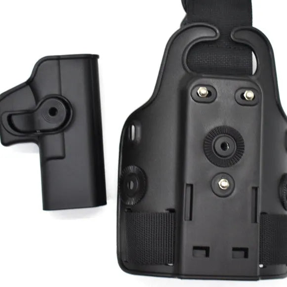 Black tactical plastic leg holster with quick-pull flap and MOLLE webbing on a belt.