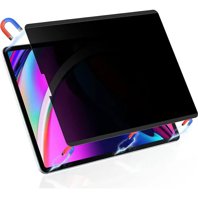 Magnetic anti peeping film for iPad with paper-like texture and a 360-degree storage clip on colour card packaging.