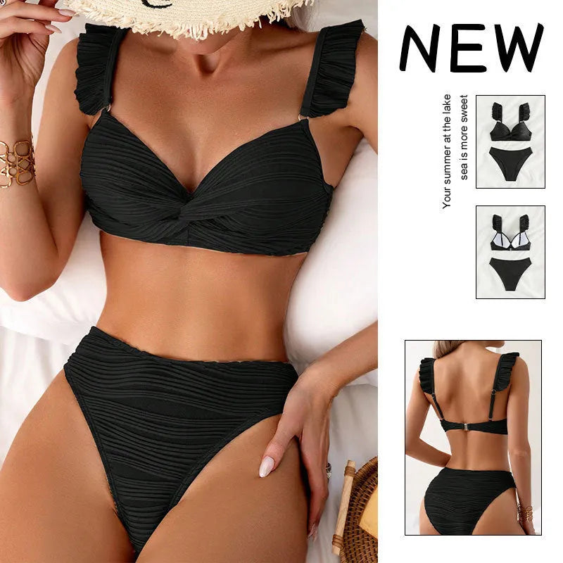 Women's solid colour bikini swimsuit in black or khaki on a mannequin.