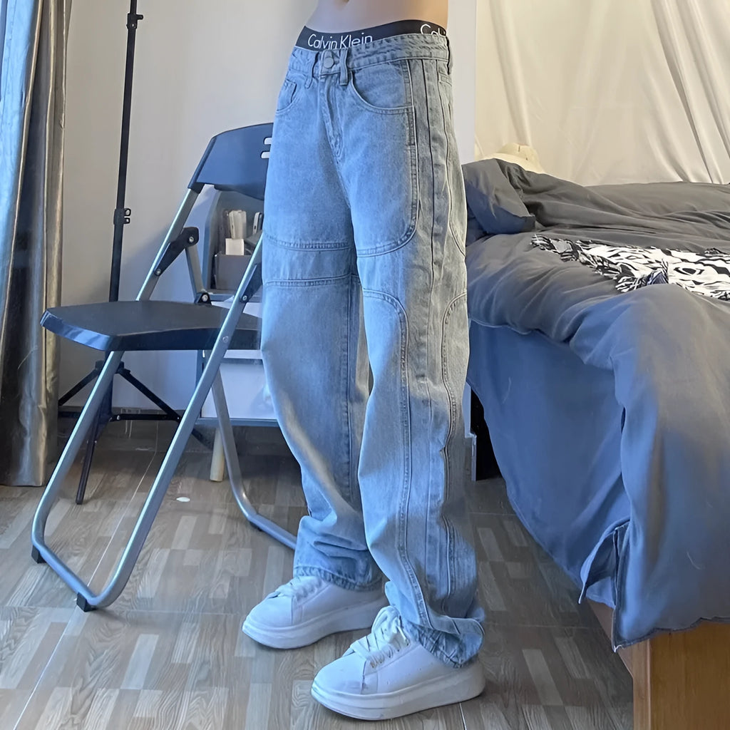 Blue cotton denim straight leg retro wash jeans for men and women, loose fit, middle waist