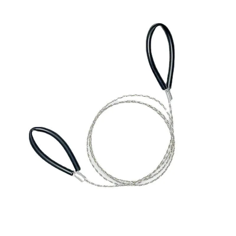 Black and red survival wire saw with leather case on a wooden background, showing its extended length.