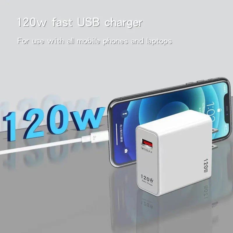 White 120W USB fast charging head with QC5.0 technology and included data cable
