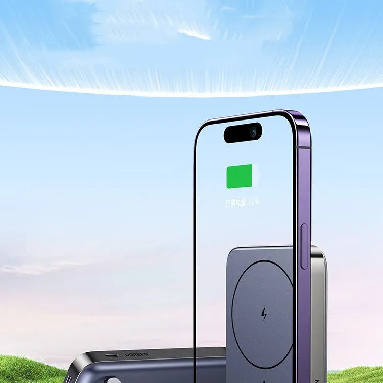 Small black portable magnetic bracket power bank with 10000mAh capacity on a table.