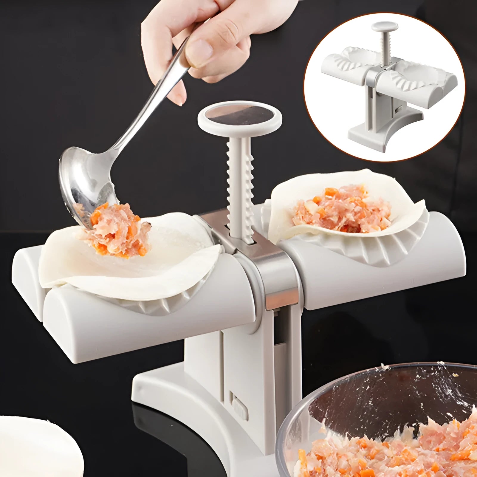 White double-head manual dumpling maker mould made from stainless steel and plastic with an anti-slip base.