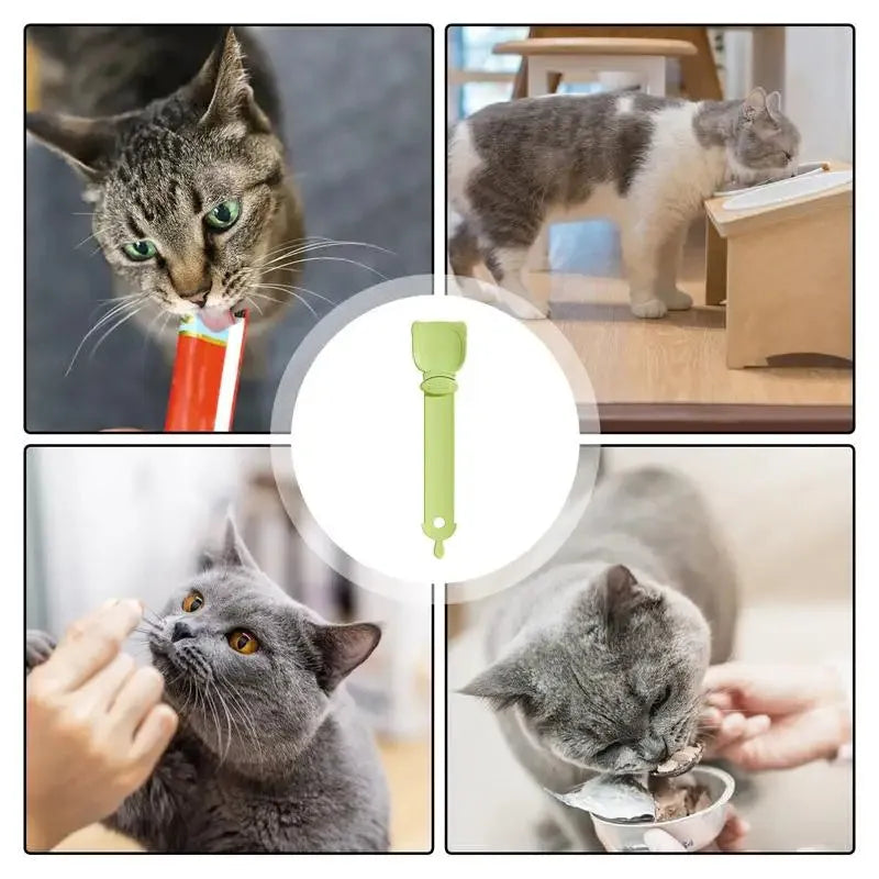 Cat strip feeder spoon in orange, green, and white, 27 x 6.5 cm reusable treat dispenser