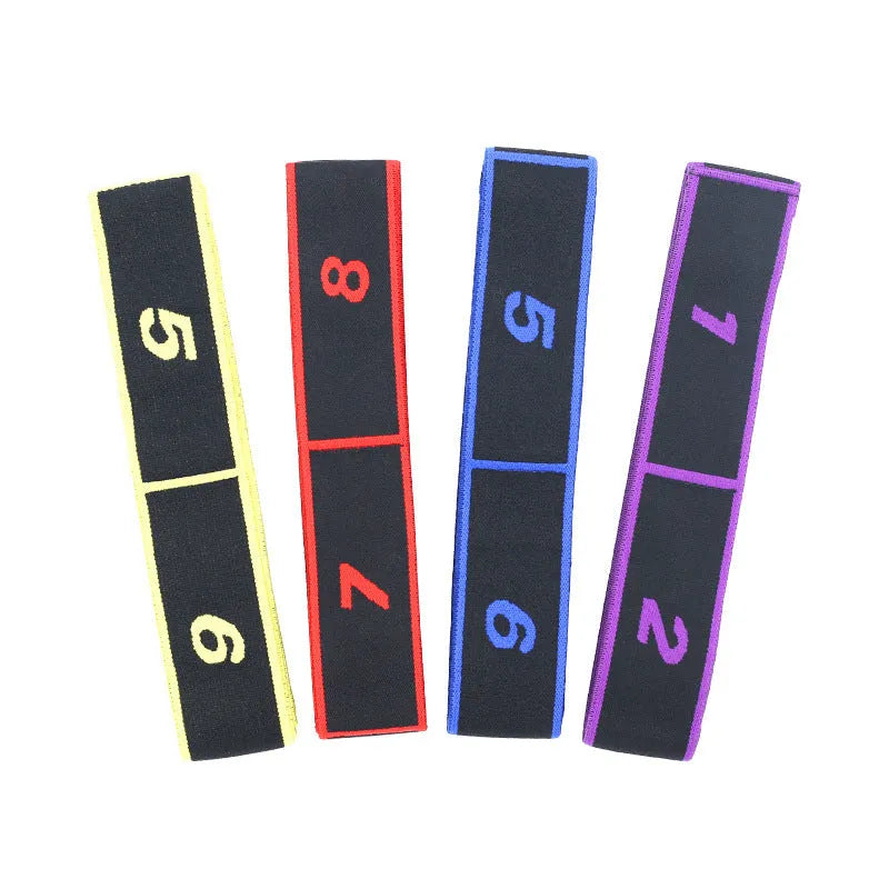Yoga multi-section stretch strap in seven colour options with polyester cotton latex yarn construction