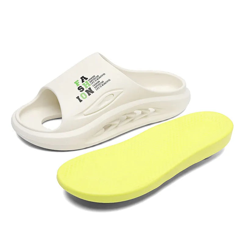 Men's colour-block sports slippers with thick EVA sole in white and green, shown from the side.
