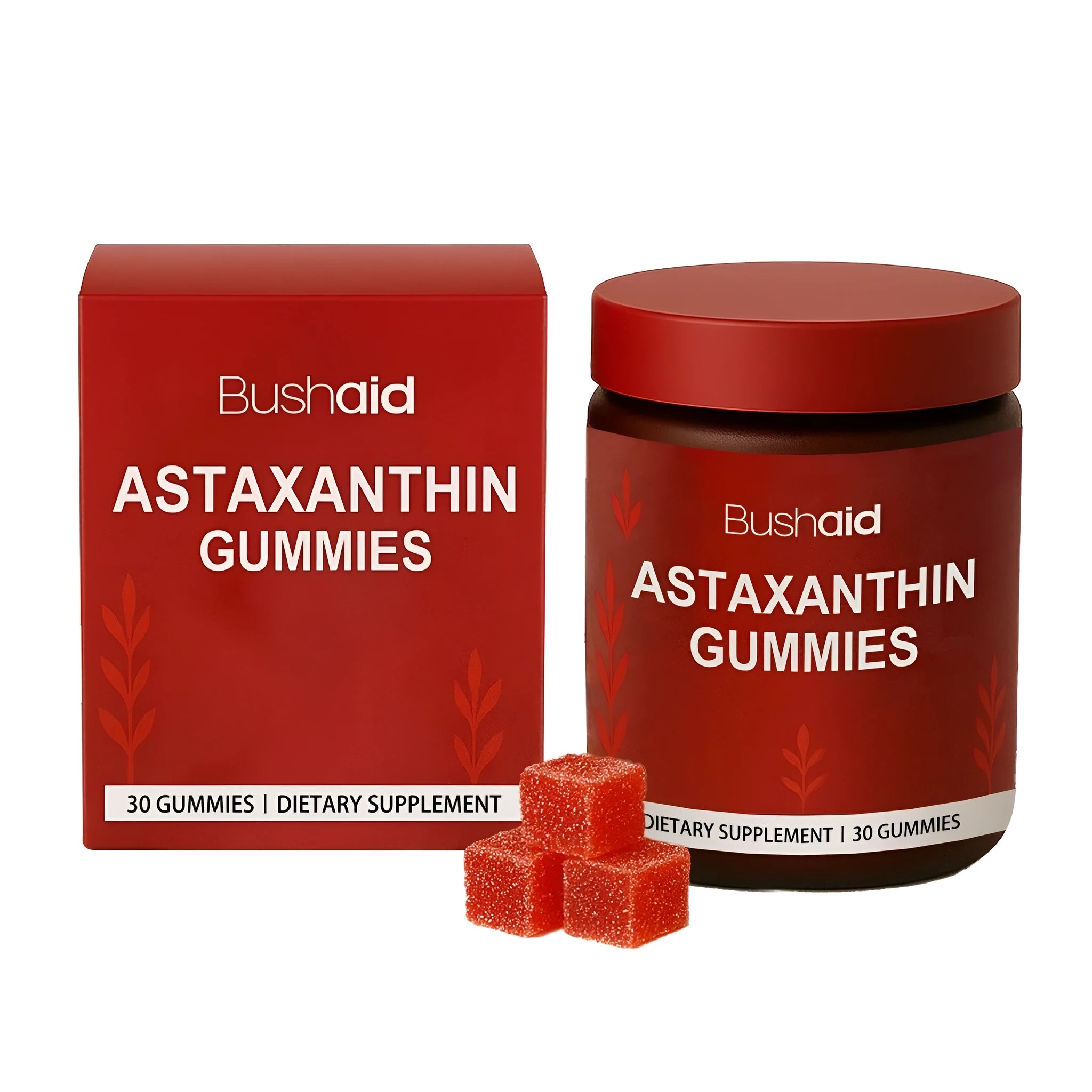 Pack of 30 astaxanthin supplement gummies containing 12mg astaxanthin, vitamin C, and zinc.