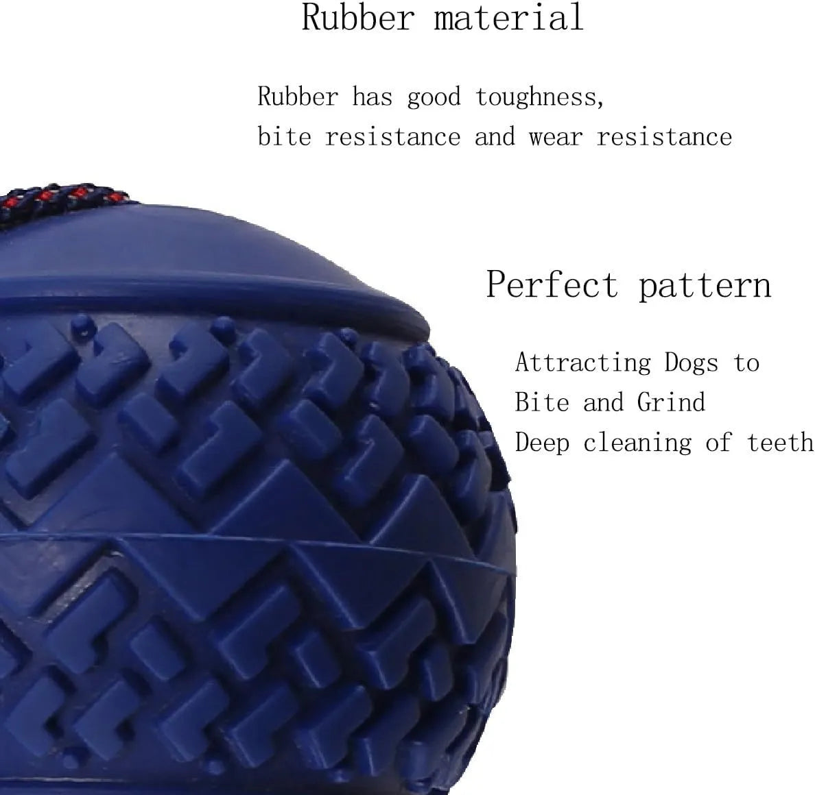 Blue dog toy showing a textured rubber ball attached to a woven rope, for small and medium breed dogs.