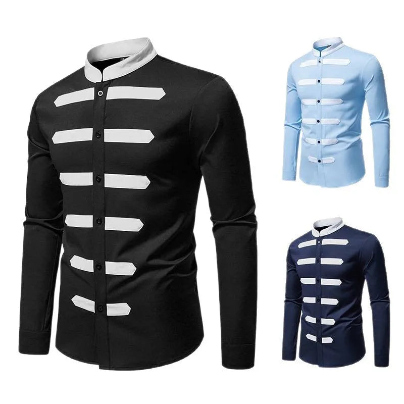 Men's black casual long sleeve shirt with black and white stitching on a slim-fit polyester cardigan
