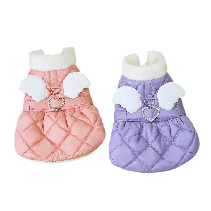 Pink polyester dog skirt with angel wings for small pets