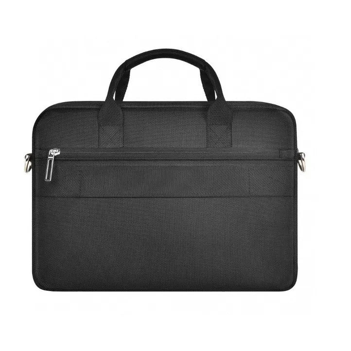 Black Oxford cloth laptop backpack showing multiple compartments and a lock, suitable for 14-inch or 15.6-inch devices.