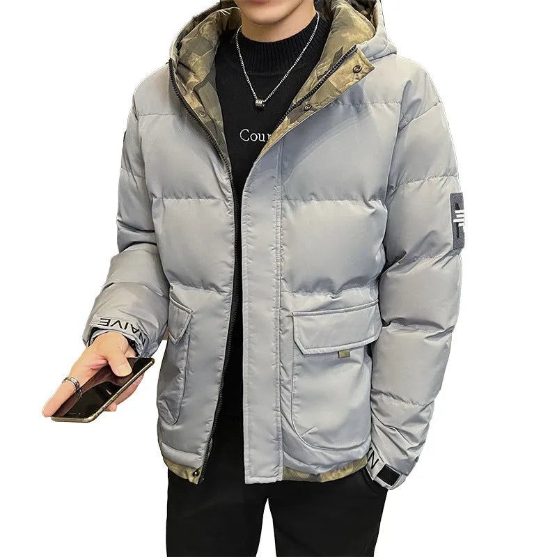 Men's hooded cardigan coat with polyester fibre filling, loose fit, available in black, khaki, and light blue