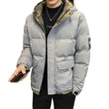 Men's hooded cardigan coat with polyester fibre filling, loose fit, available in black, khaki, and light blue