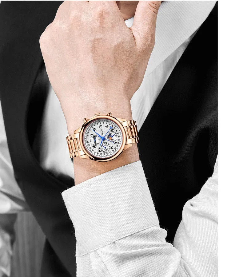 Men's black dial perpetual calendar watch with leather strap showing moon phase display