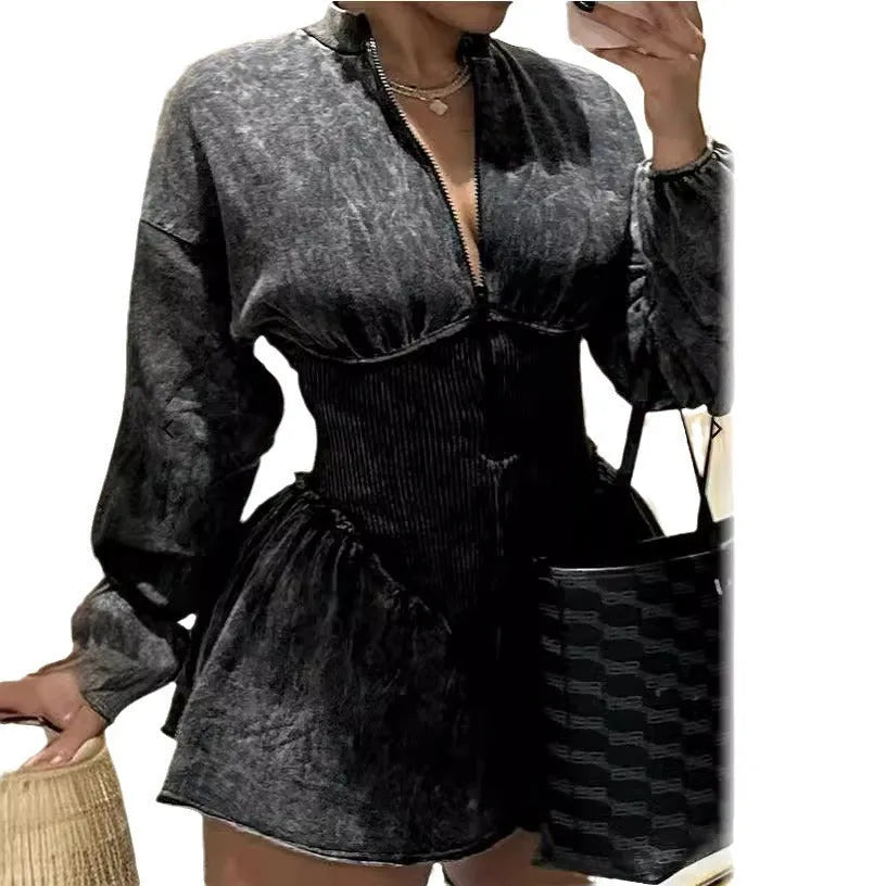 Grey women's digital print slim-fit dress with a drawstring waist and A-line skirt.