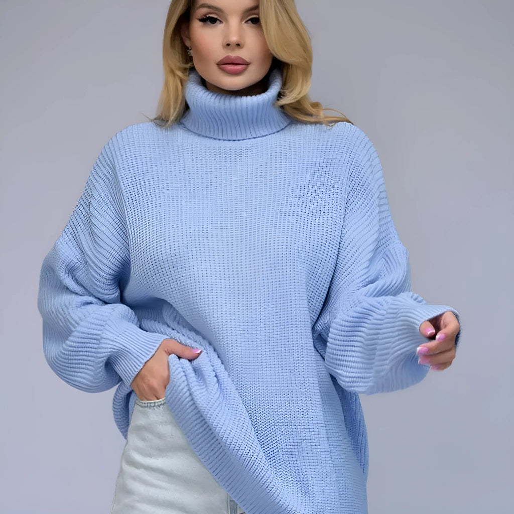 Women's solid colour high neck pullover sweater in imitation cashmere fabric.