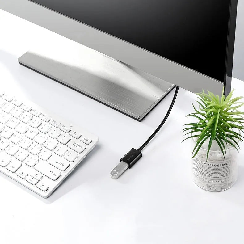 Black USB-A male to female extension cable showing connector details and available in multiple lengths.