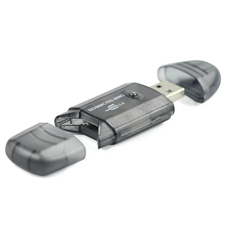 Transparent plastic USB card reader with LED light showing memory card slots
