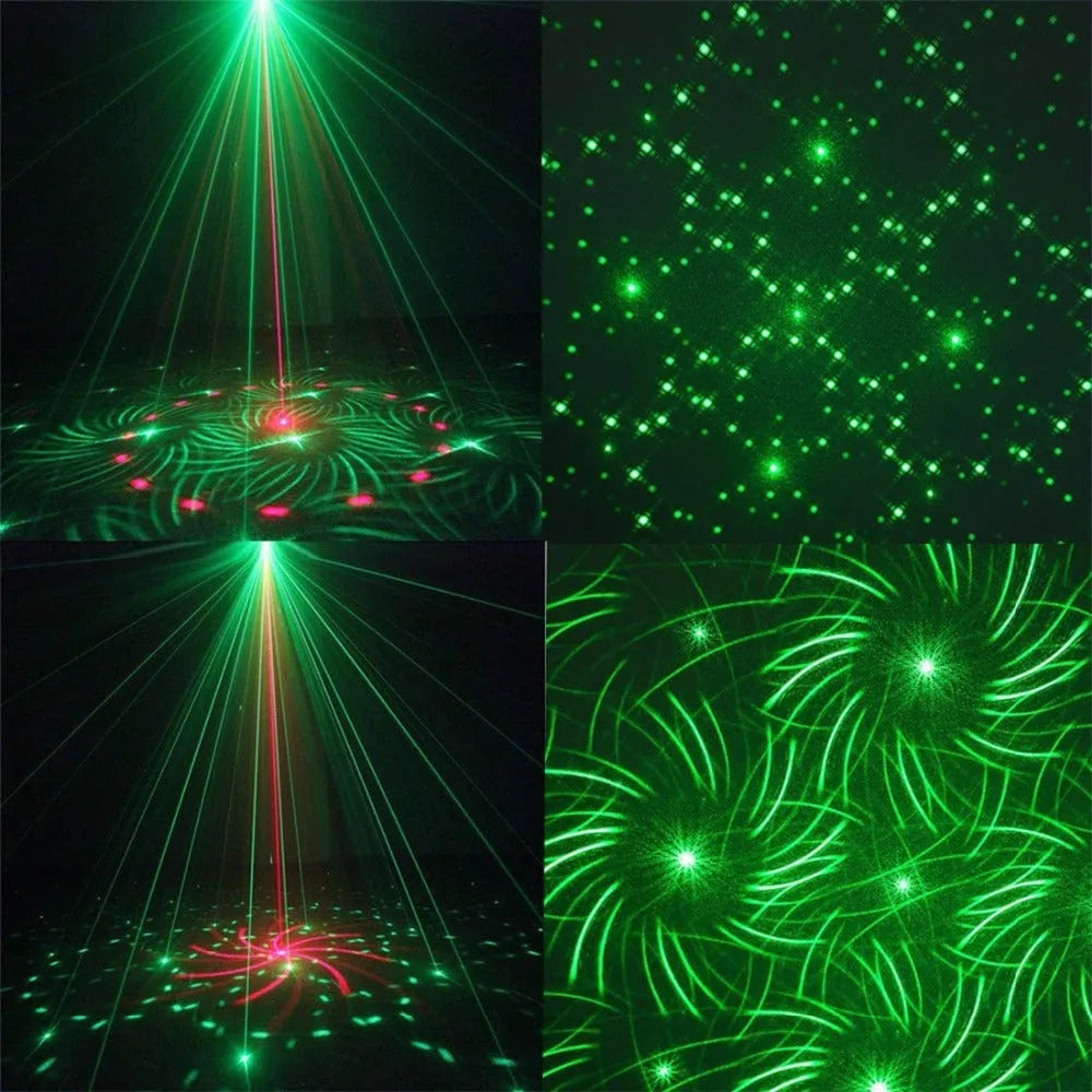 JC-24 dual laser light emitting red and green patterns against a dark indoor background with voice control remote included
