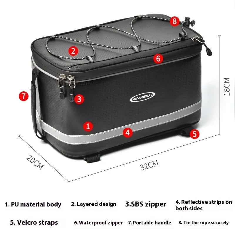 Black waterproof bicycle rack bag with 12L capacity for vehicle mountain equipment transport