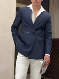 Men's classic striped double-breasted polyester blazer on a hanger, showing regular fit and length.