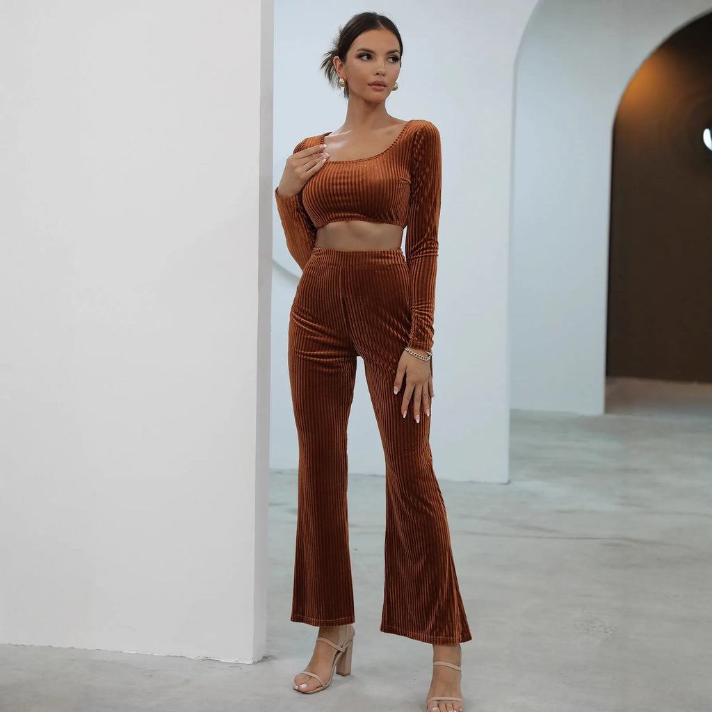 Caramel-coloured women's long sleeve sweater and trousers casual set on a hanger.