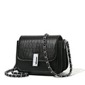 Women's soft PU chain crossbody shoulder bag in black, showing internal phone pocket and outer compartments.