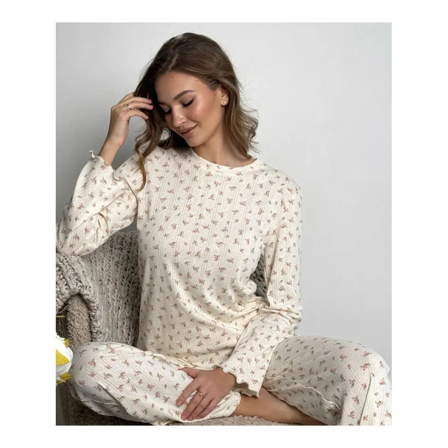 White floral print women's bell sleeve top and wide leg pants casual suit set
