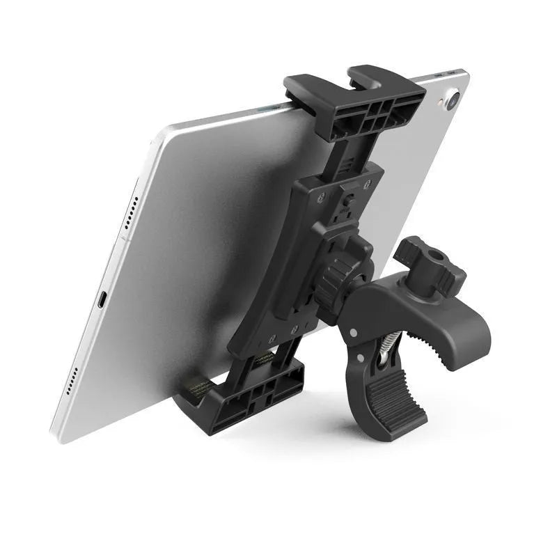 Black ABS plastic bicycle handlebar mount holding a mobile phone and a tablet computer.