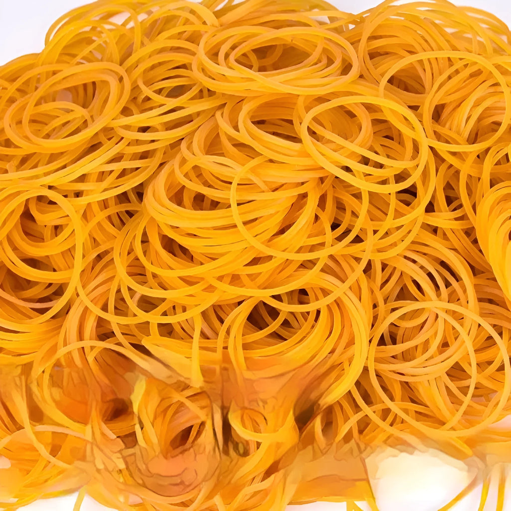 500g pack of mixed diameter yellow rubber bands showing 16mm to 70mm sizes