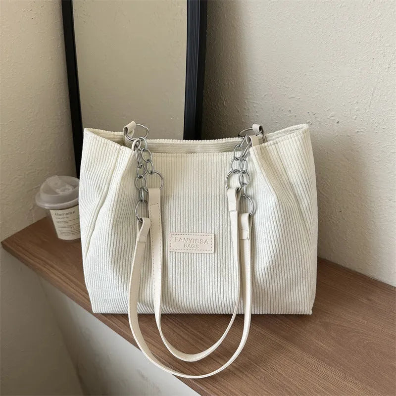 Corduroy women's tote bag with one shoulder strap and three-dimensional pocket