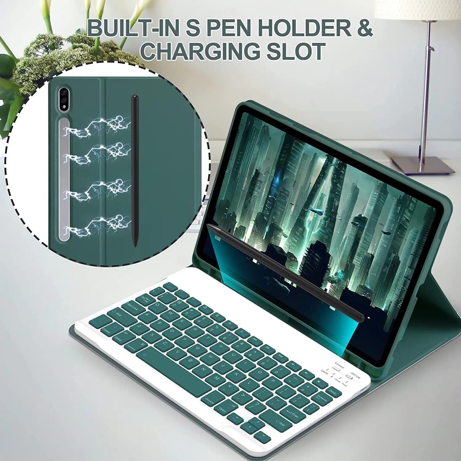 Samsung Galaxy tablet inside a black leather-style TPU case with a Bluetooth keyboard and charging mouse.