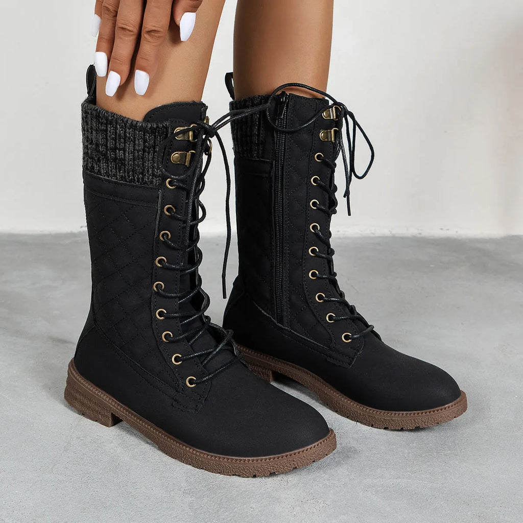 Women's lace up winter cowboy boots block heel round toe artificial PU in black dark brown grey