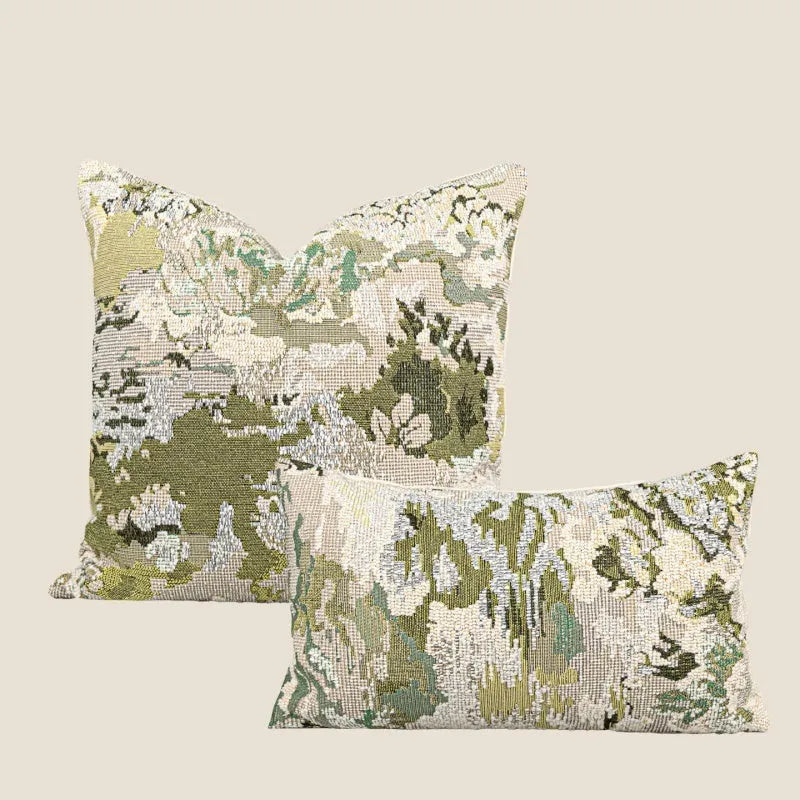Antique green wool blend floral pillow in square and rectangular waist sizes.
