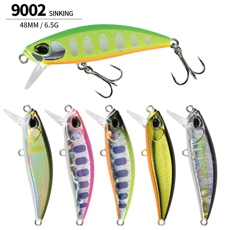 Hard minnow fishing lure measuring 48mm in length, shown in one of 14 available colours.